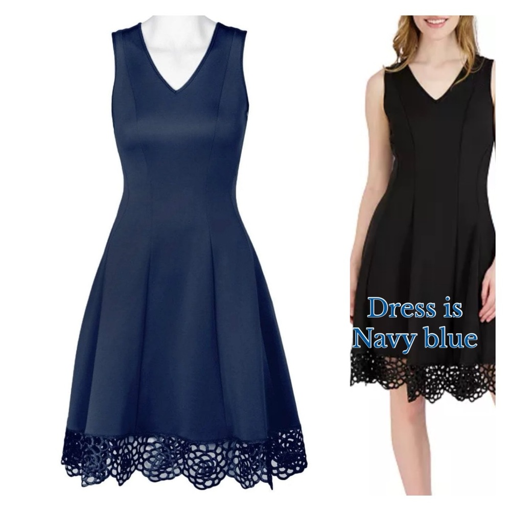 Gorgeous Donna Ricco Navy Blue Dress with‎ Lace Hem